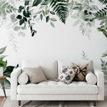 Deuxième vue du papier peint floral eucalyptus motif dans une chambre adulte