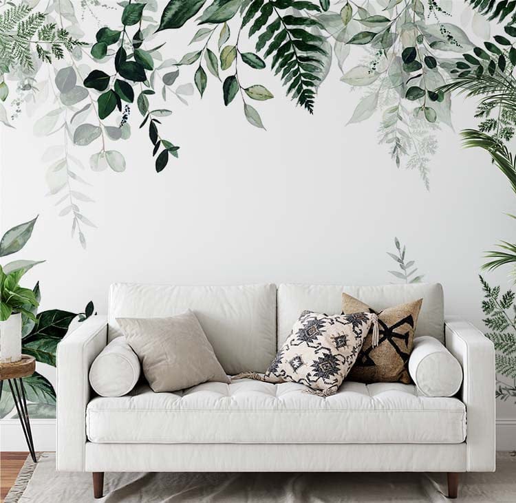 Deuxième vue du papier peint floral eucalyptus motif dans une chambre adulte
