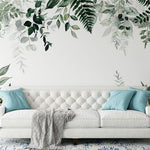 Troisième vue du papier peint floral eucalyptus motif dans une chambre adulte