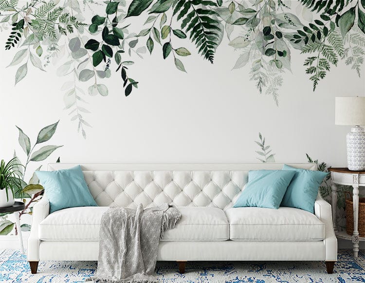 Troisième vue du papier peint floral eucalyptus motif dans une chambre adulte
