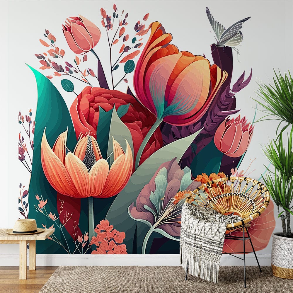 Papier peint panoramique floral papillons illustré, dans une chambre adulte