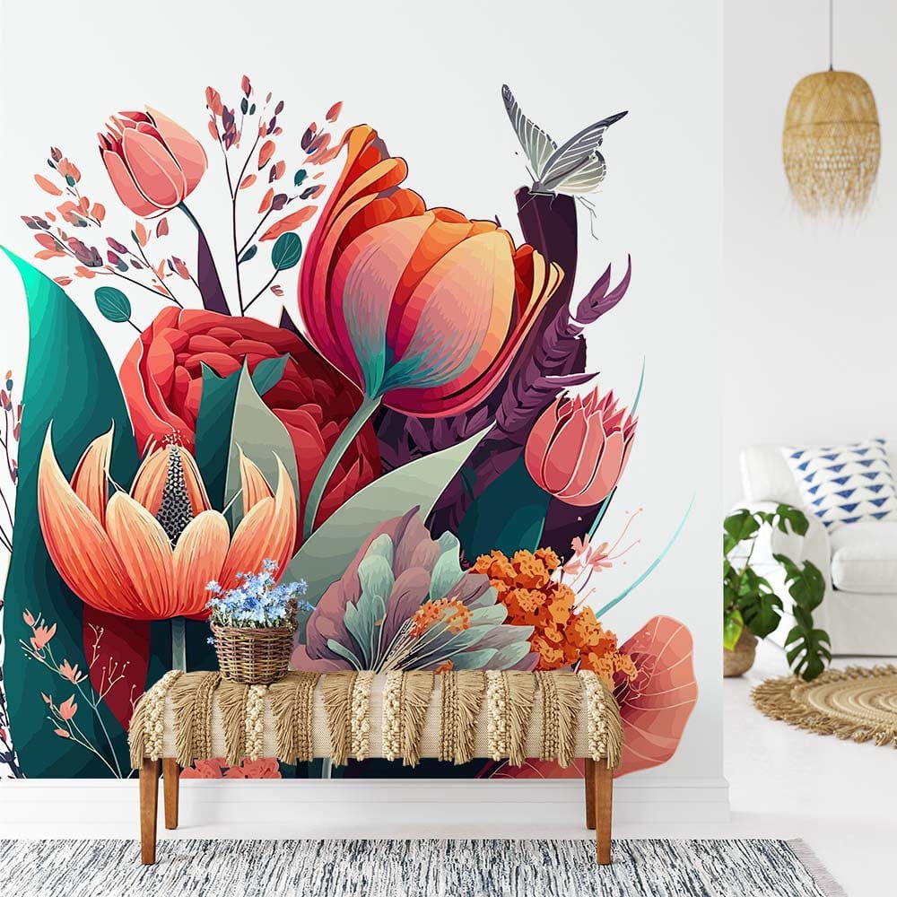 Deuxième vue du papier peint floral papillons dans une chambre adulte