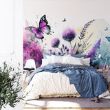 Papier peint panoramique floral papillons rose illustré, dans une chambre adulte