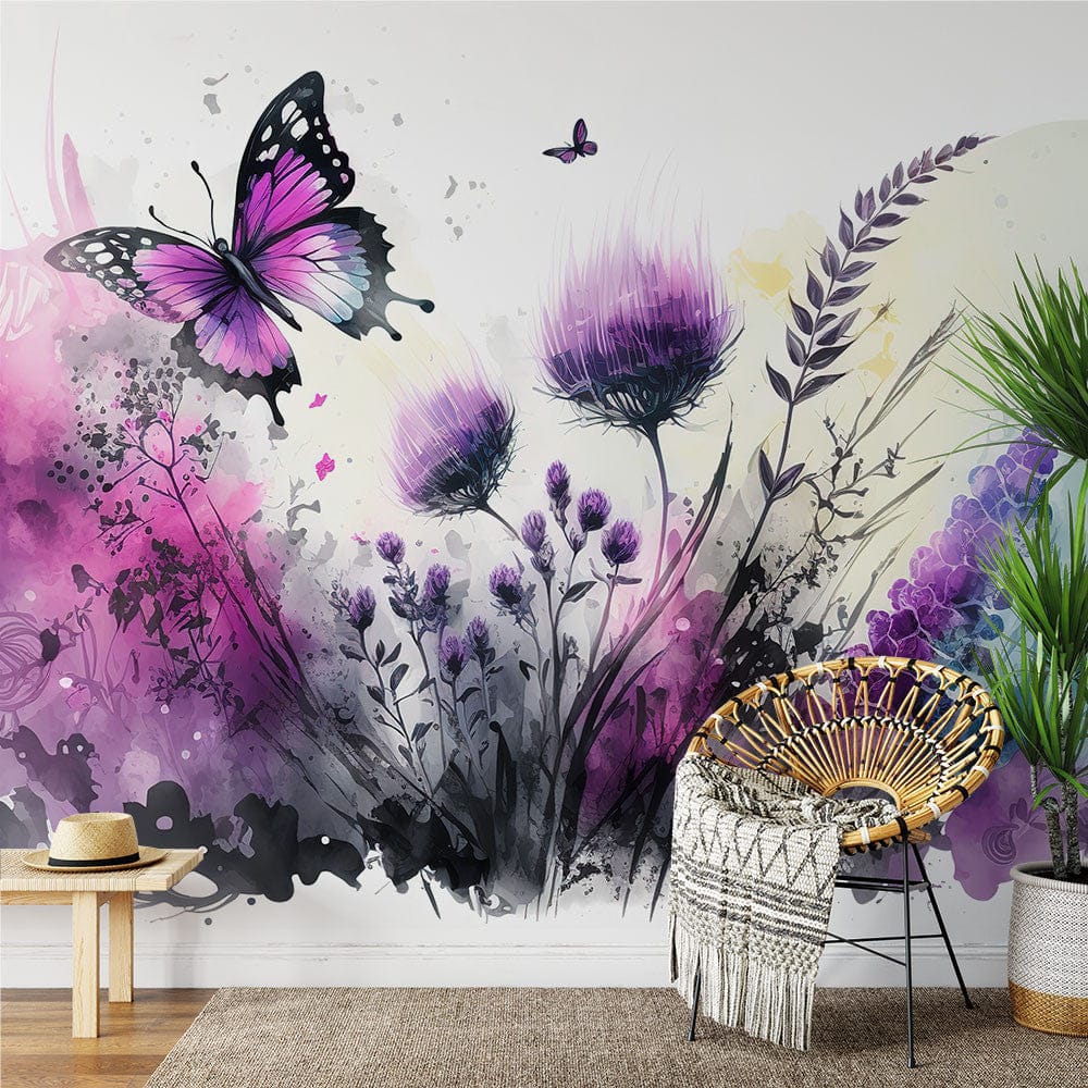 Deuxième vue du papier peint floral papillons rose dans une chambre adulte