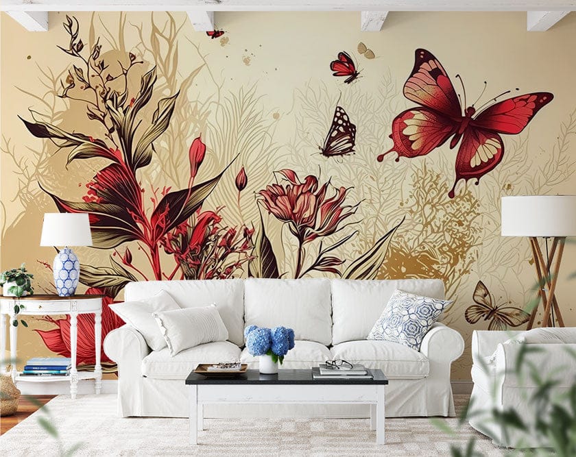 Papier peint panoramique floral papillons rouge illustré, dans une chambre adulte