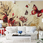 Papier peint panoramique floral papillons rouge illustré, dans une chambre adulte