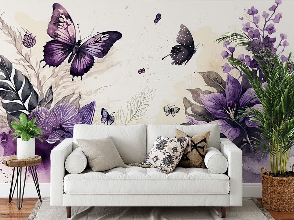 Papier peint panoramique floral papillons violet illustré, dans une chambre adulte