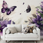 Papier peint panoramique floral papillons violet illustré, dans une chambre adulte