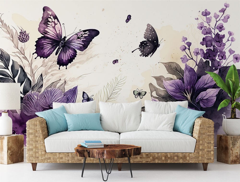 Deuxième vue du papier peint floral papillons violet dans une chambre adulte