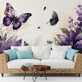 Deuxième vue du papier peint floral papillons violet dans une chambre adulte