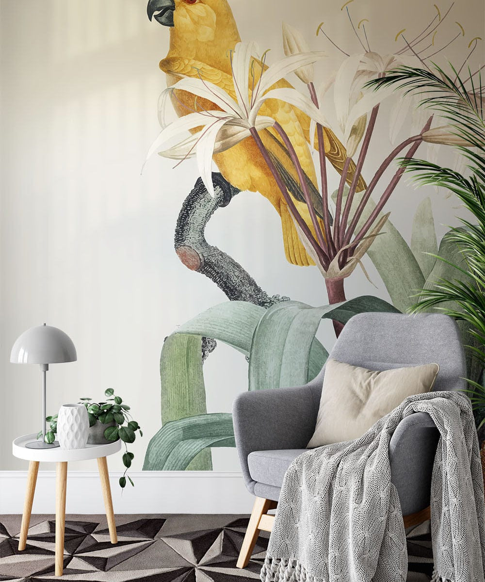 Papier peint panoramique floral perroquet illustré, dans une chambre adulte