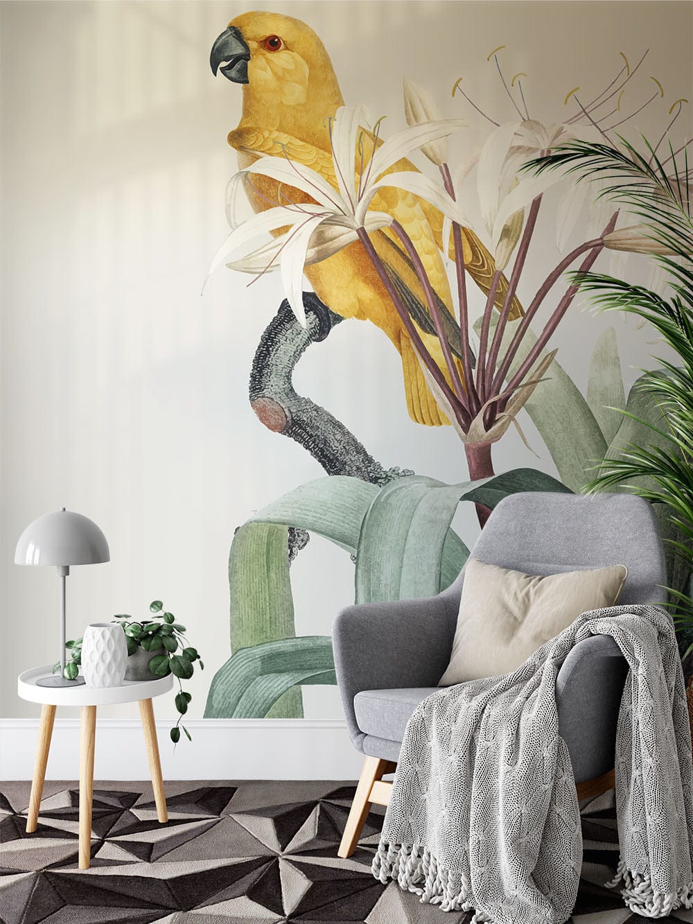 Papier peint panoramique floral perroquet illustré, dans une chambre adulte