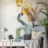 Papier peint panoramique floral perroquet illustré, dans une chambre adulte