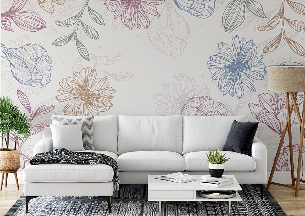 Papier peint panoramique floral vintage illustré, dans une chambre adulte