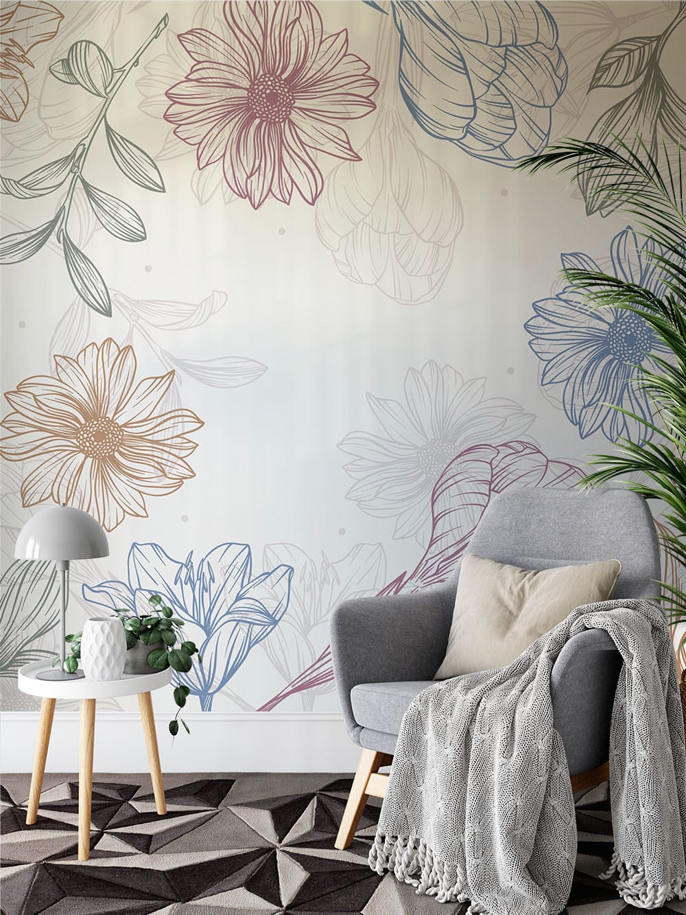 Deuxième vue du papier peint floral vintage dans une chambre adulte