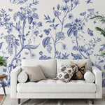 Papier peint panoramique floral vintage motif bleu illustré, dans une chambre adulte
