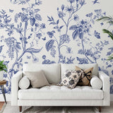 Papier peint panoramique floral vintage motif bleu illustré, dans une chambre adulte