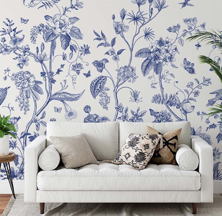 Papier peint panoramique floral vintage motif bleu illustré, dans une chambre adulte