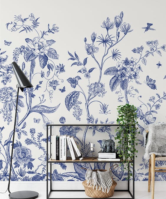 Deuxième vue du papier peint floral vintage motif bleu dans une chambre adulte