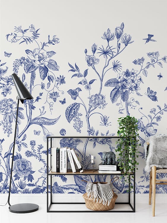 Deuxième vue du papier peint floral vintage motif bleu dans une chambre adulte