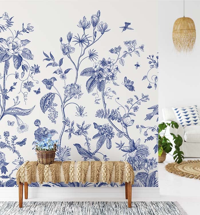 Troisième vue du papier peint floral vintage motif bleu dans une chambre adulte