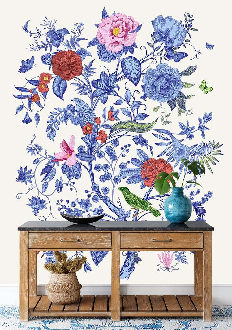 Papier peint panoramique floral vintage motif encre chine illustré, dans une chambre adulte