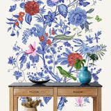 Papier peint panoramique floral vintage motif encre chine illustré, dans une chambre adulte