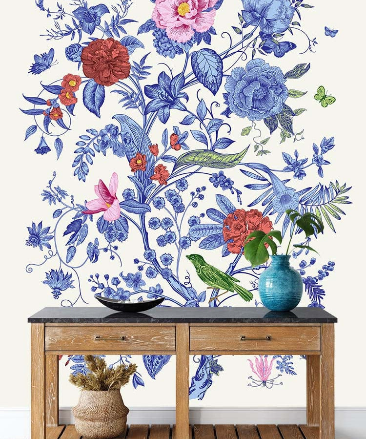 Papier peint panoramique floral vintage motif encre chine illustré, dans une chambre adulte