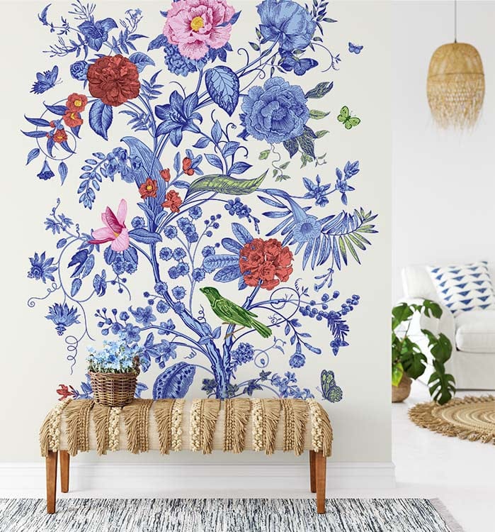 Deuxième vue du papier peint floral vintage motif encre chine dans une chambre adulte