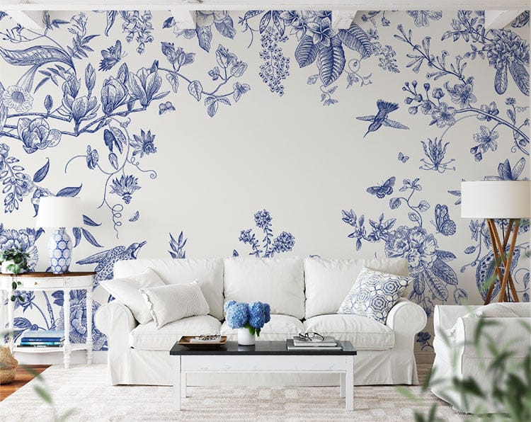 Papier peint panoramique floral vintage motif panoramique illustré, dans une chambre adulte