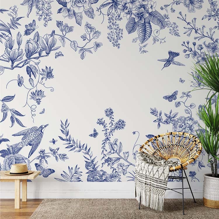 Troisième vue du papier peint floral vintage motif panoramique dans une chambre adulte