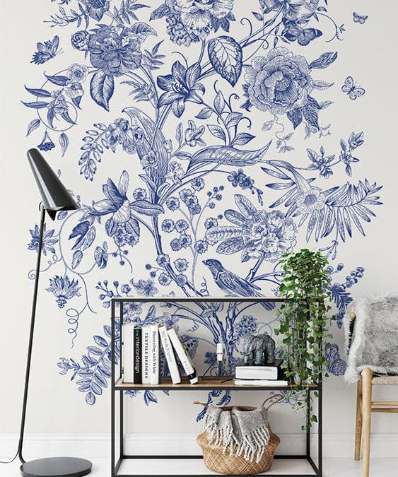 Deuxième vue du papier peint floral vintage motif porcelaine dans une chambre adulte