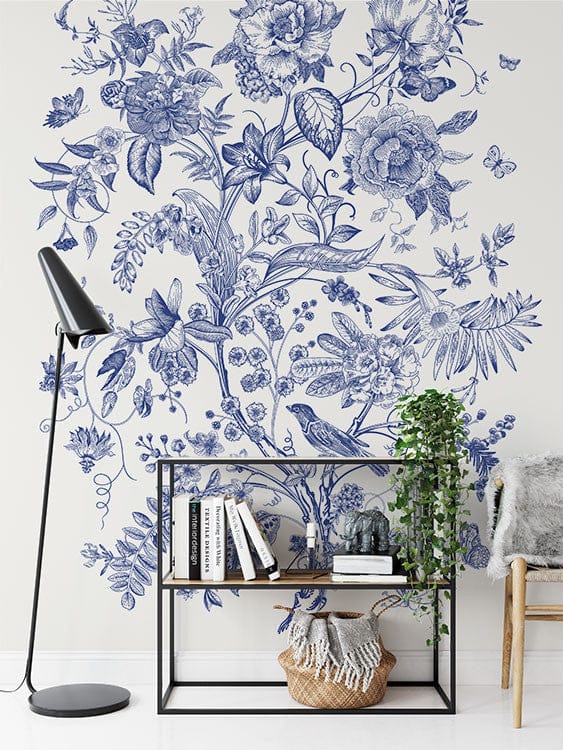 Deuxième vue du papier peint floral vintage motif porcelaine dans une chambre adulte