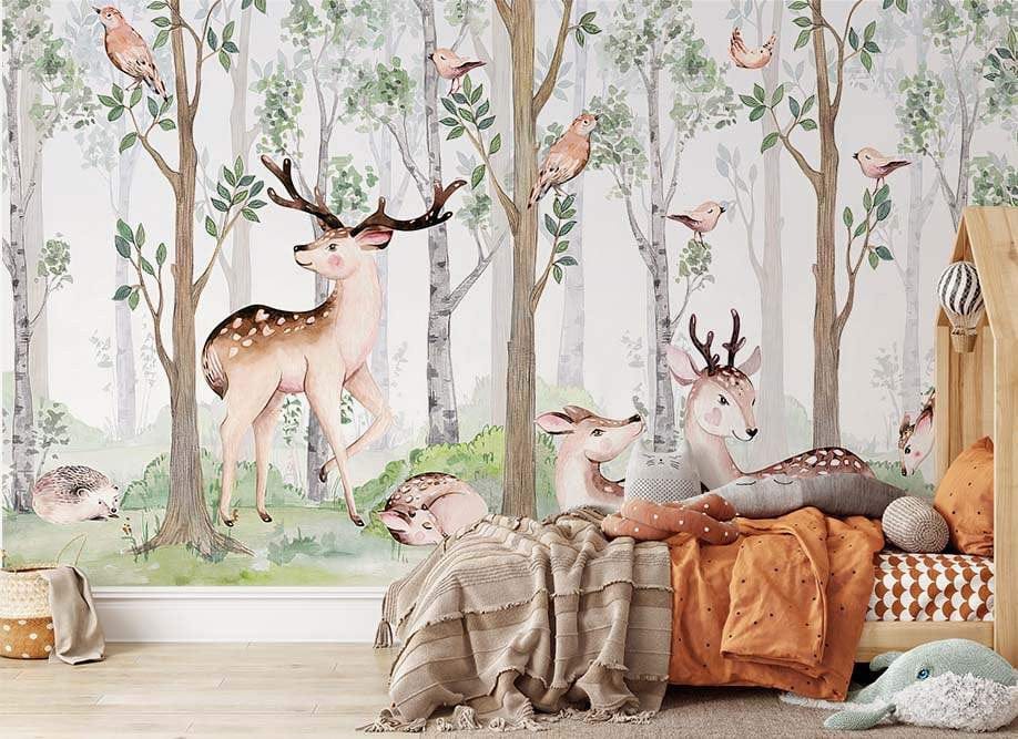 Papier peint panoramique forêt 2 illustré, dans une chambre d'enfant