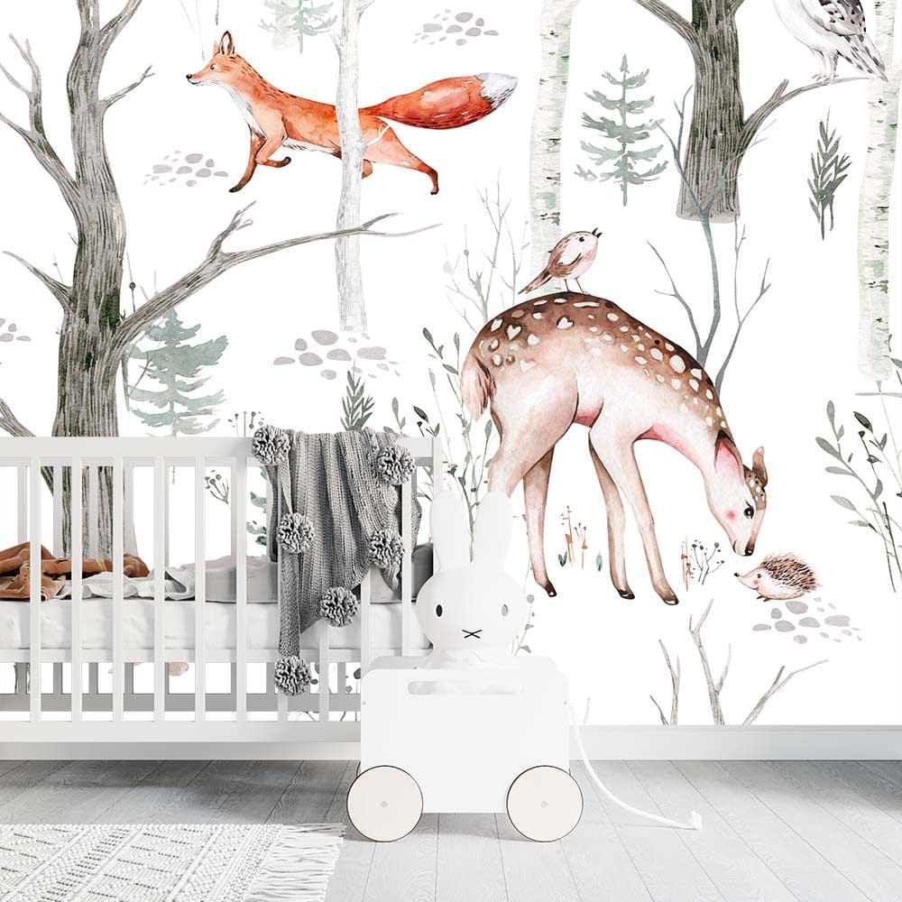 Papier peint panoramique forêt 3 illustré, dans une chambre d'enfant