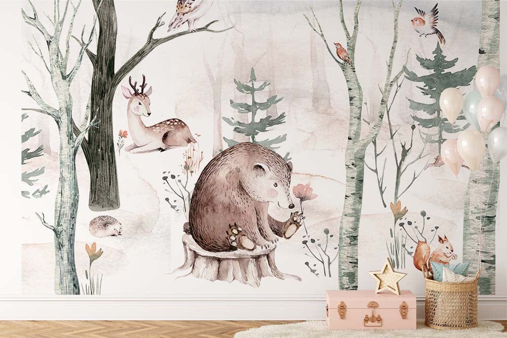 Papier peint panoramique forêt illustré, dans une chambre d'enfant