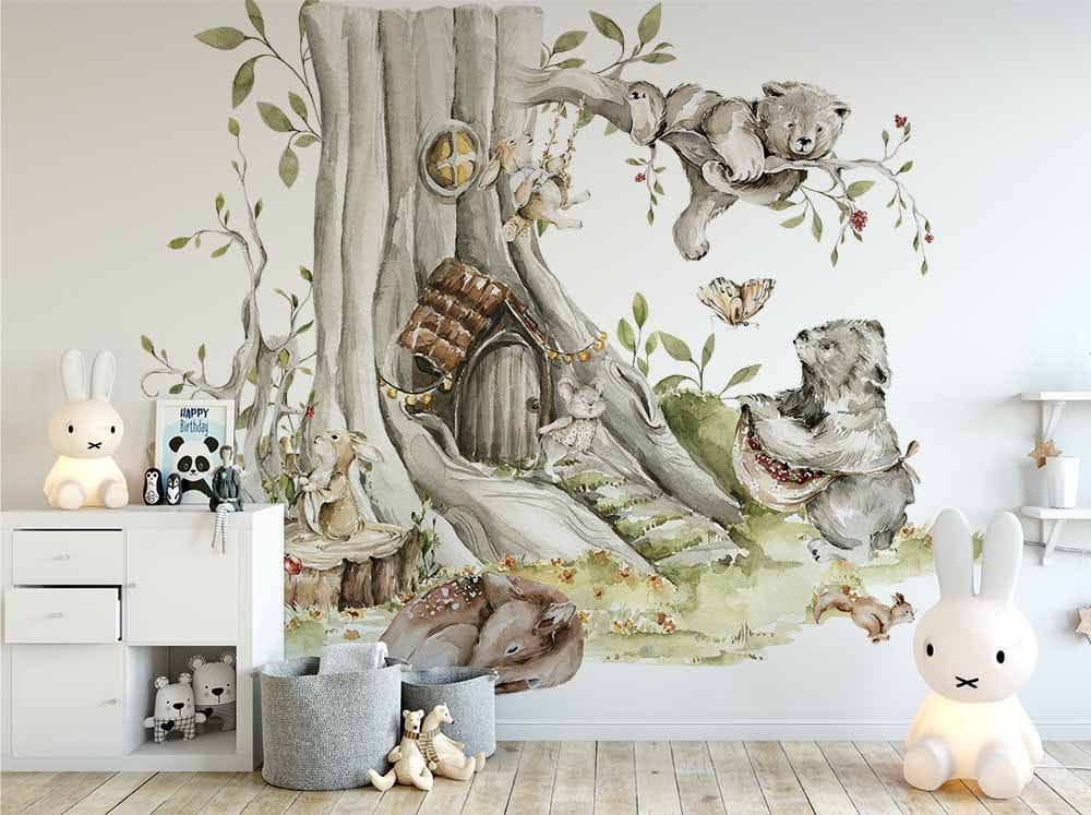 Papier peint panoramique forêt enchantée n°1 illustré, dans une chambre d'enfant