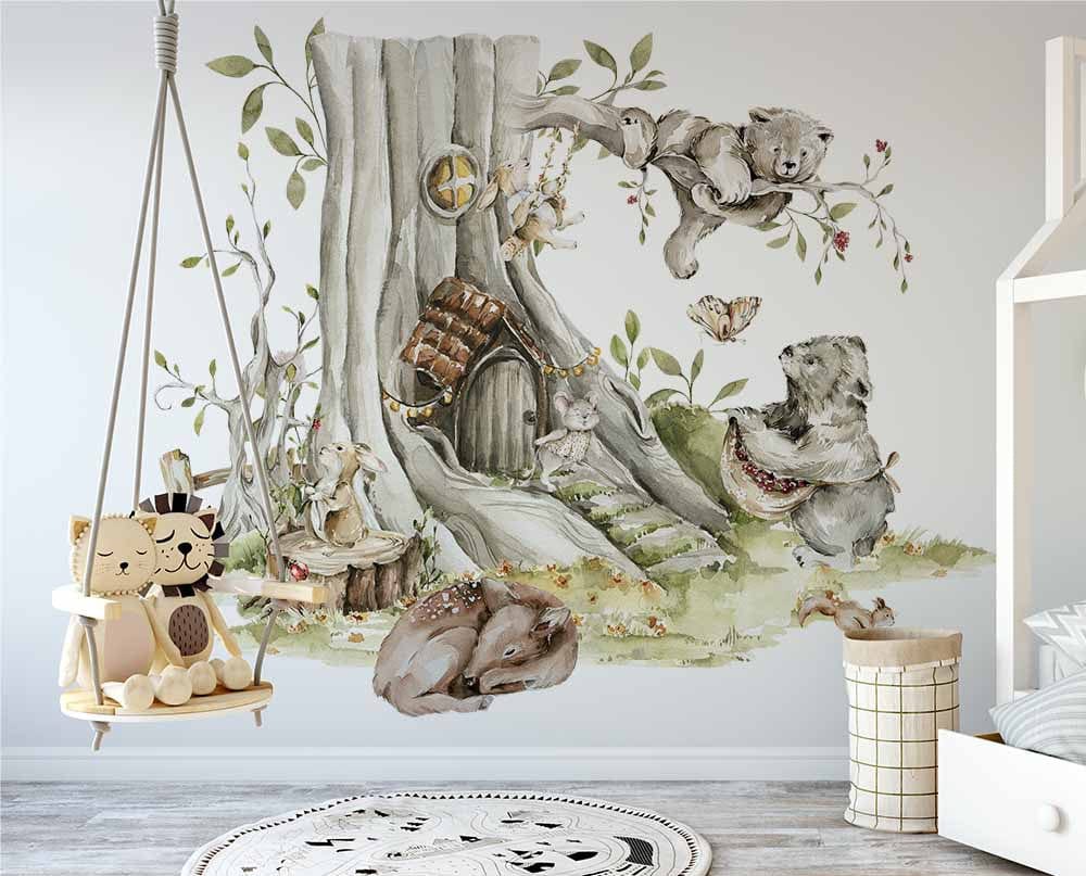 Deuxième vue du papier peint forêt enchantée n°1 dans une chambre d'enfant
