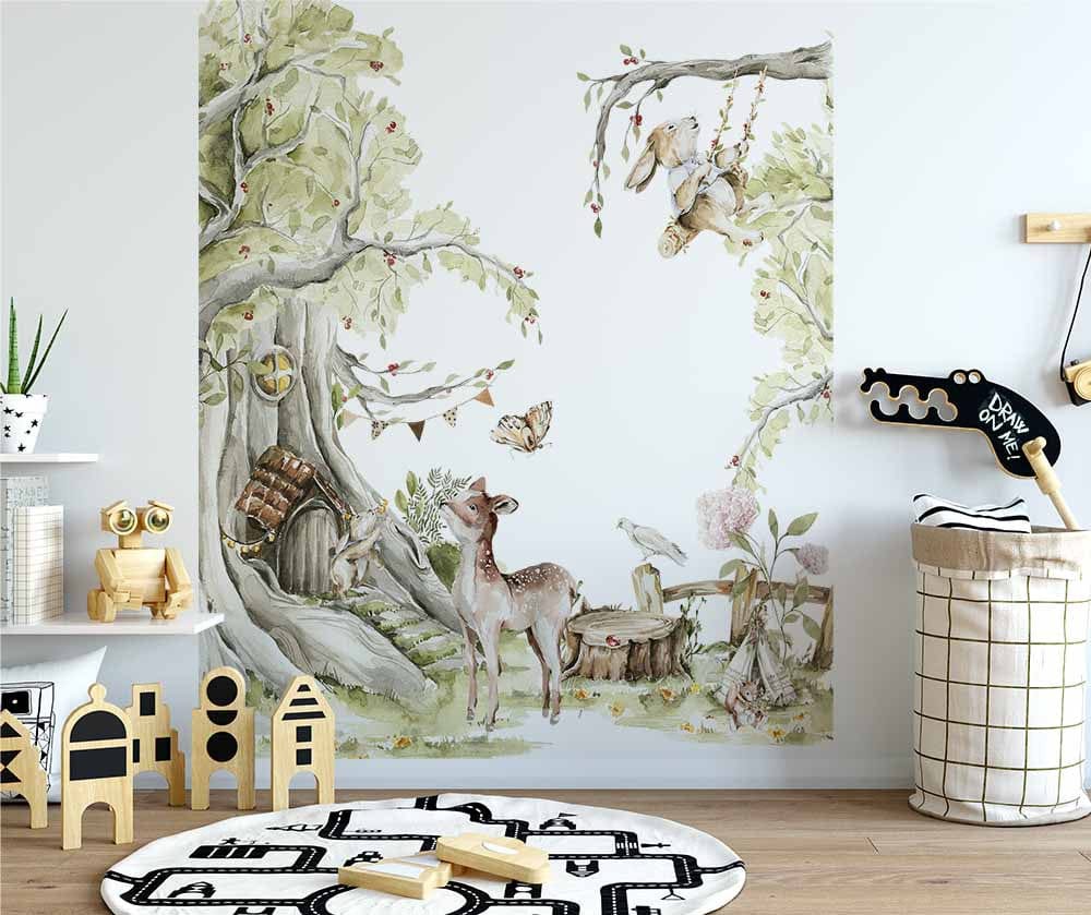 Papier peint panoramique forêt enchantée n°2 illustré, dans une chambre d'enfant