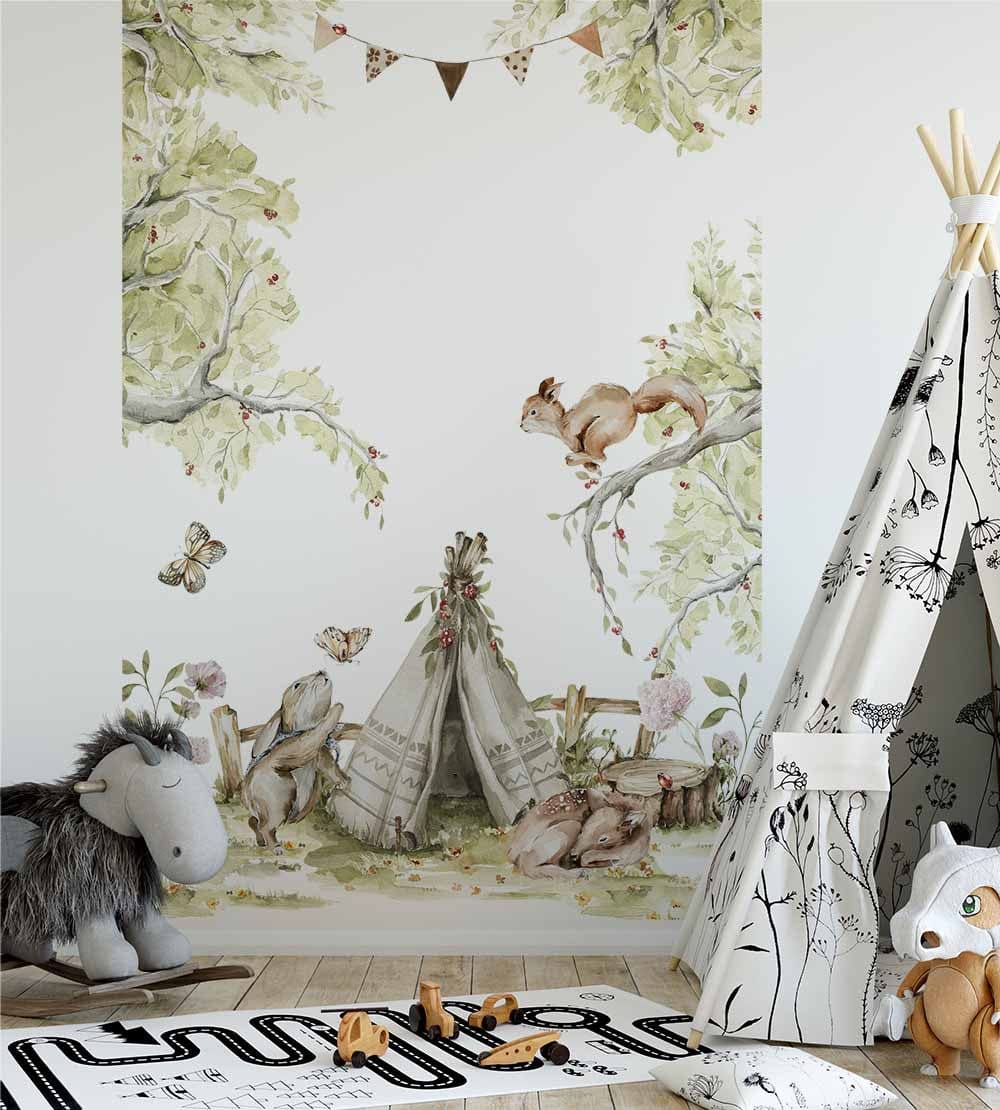 Papier peint panoramique forêt enchantée n°3 illustré, dans une chambre d'enfant