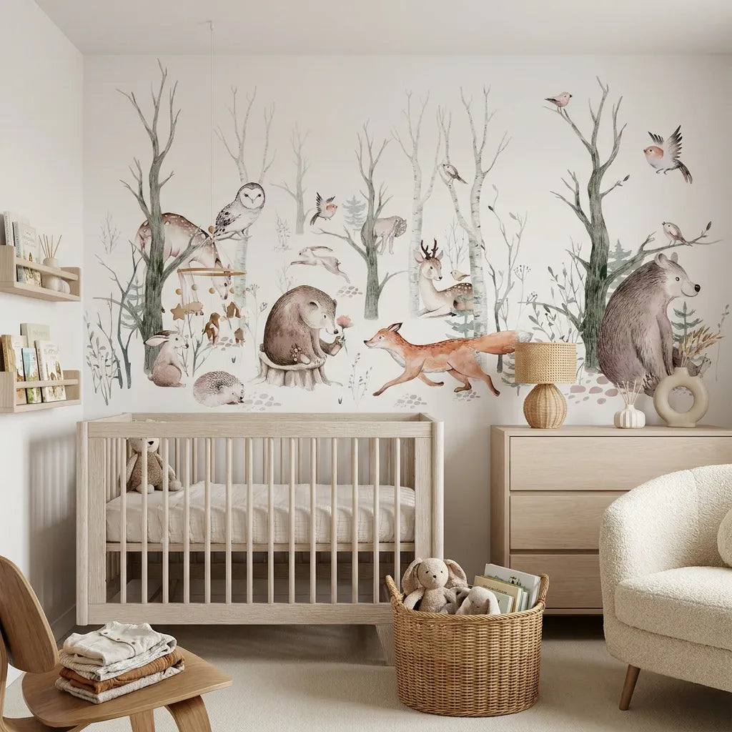 Papier peint panoramique forêt qui raconte histoires illustré, dans une chambre d'enfant