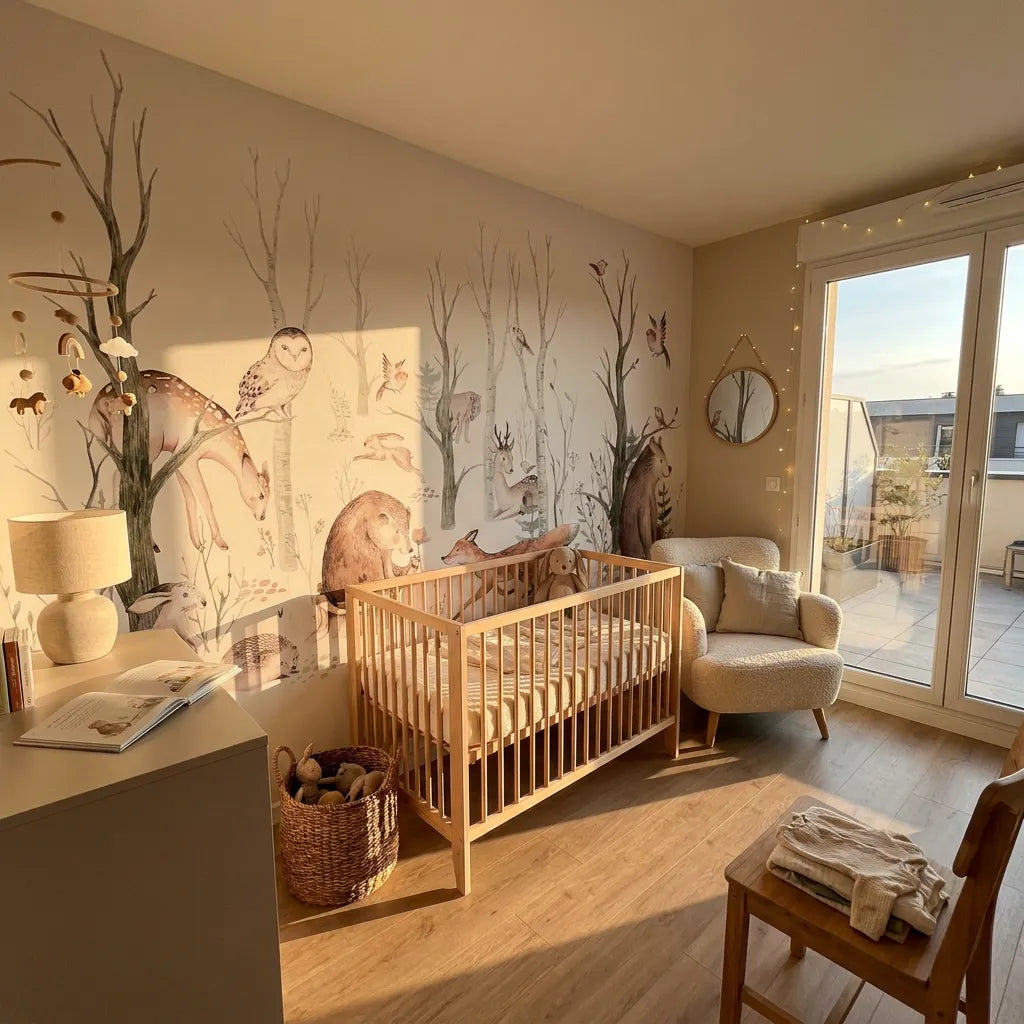 Deuxième vue du papier peint forêt qui raconte histoires dans une chambre d'enfant
