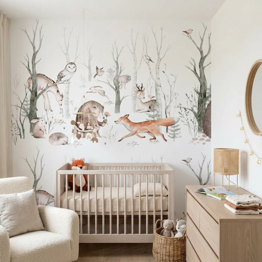 Papier peint panoramique forêt qui veille rêves illustré, dans une chambre d'enfant