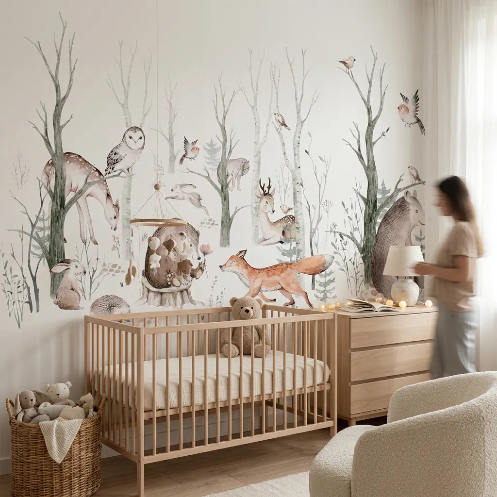 Deuxième vue du papier peint forêt qui veille rêves dans une chambre d'enfant
