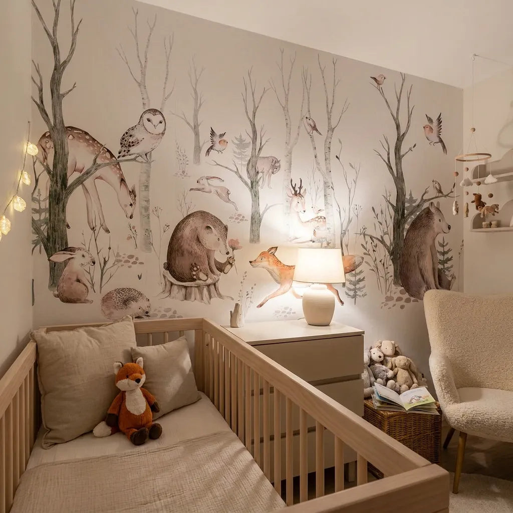 Quatrième vue du papier peint forêt qui veille rêves dans une chambre d'enfant