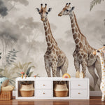 Papier peint panoramique girafe 2 illustré, dans une chambre d'enfant