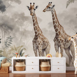 Papier peint panoramique girafe 2 illustré, dans une chambre d'enfant