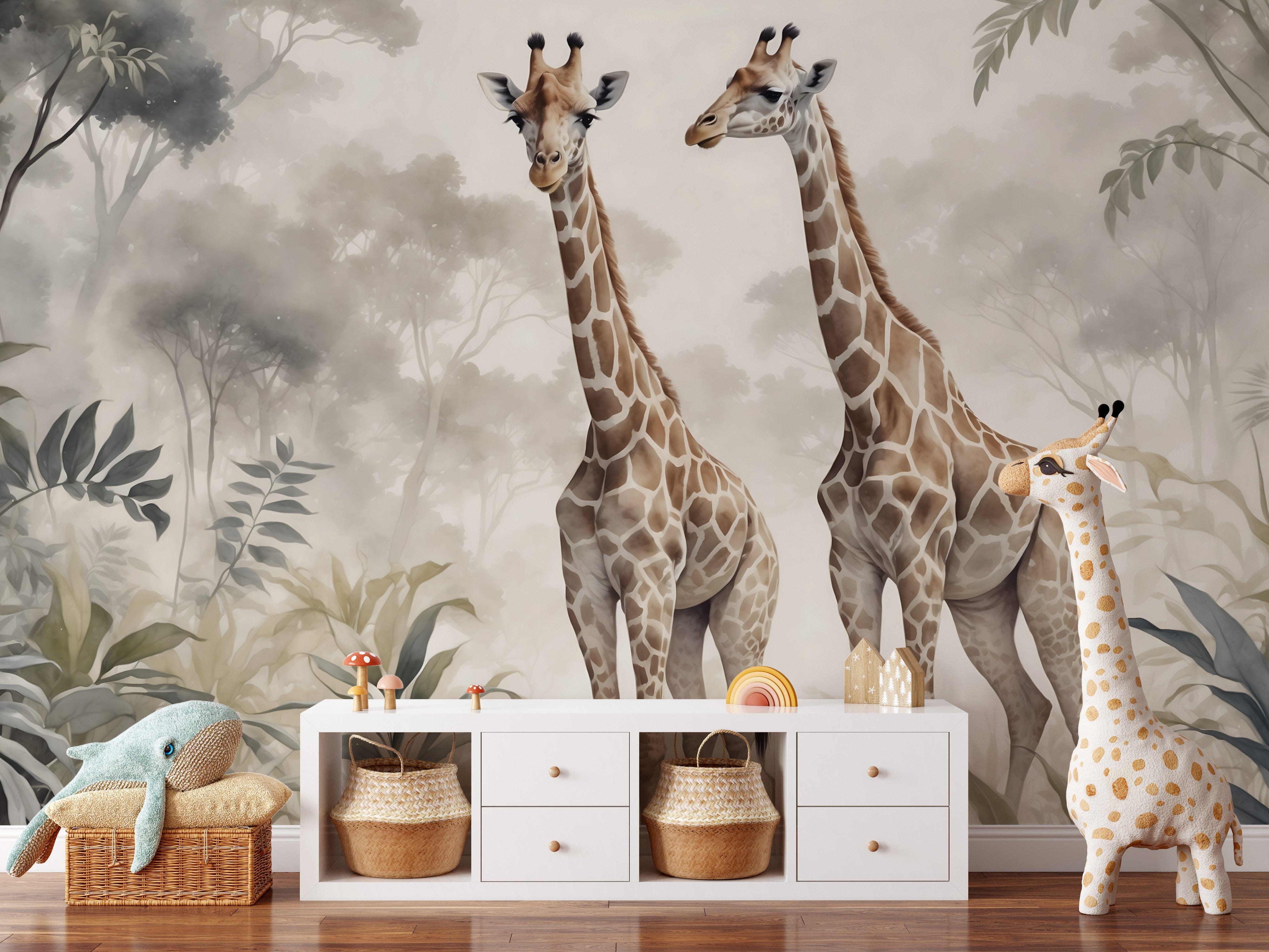 Papier peint panoramique girafe 2 illustré, dans une chambre d'enfant