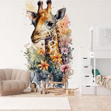 Papier peint panoramique girafe aquarelle couronne illustré, dans une chambre d'enfant