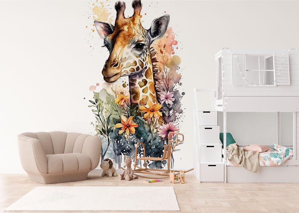 Papier peint panoramique girafe aquarelle couronne illustré, dans une chambre d'enfant